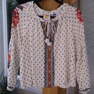 Unique Anthropology farm by rio blouse with Pom Pom tie and flowers